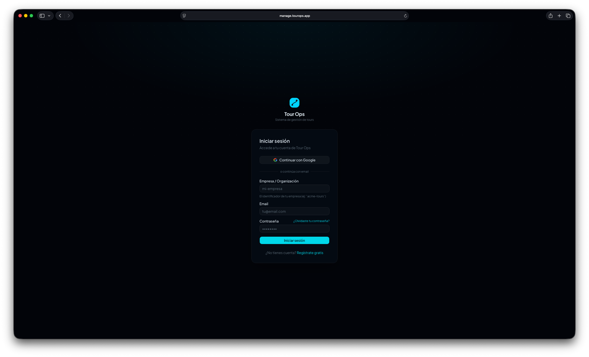 Tour Ops login screen